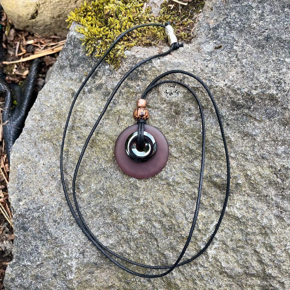 Hematite and Purple Sea Glass Pendant | Handmade - Picture 6 of 6